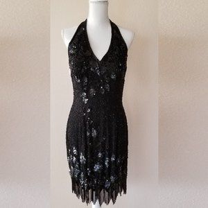 Backless Halter Beaded and Sequin Cocktail Dress